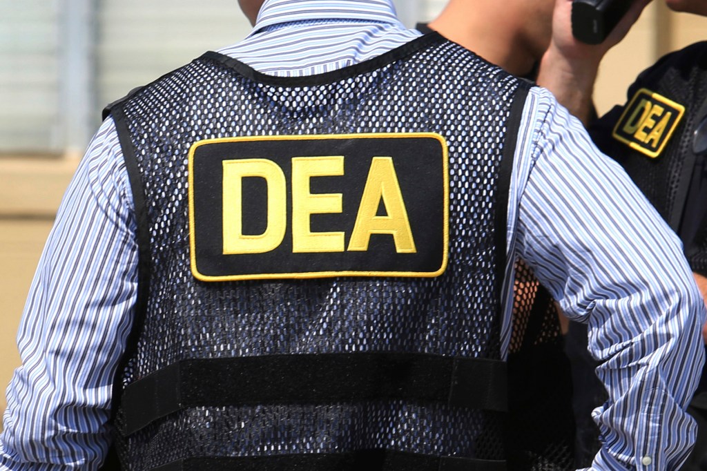 The back of a person wearing a blue fishnet vest that says, "DEA."